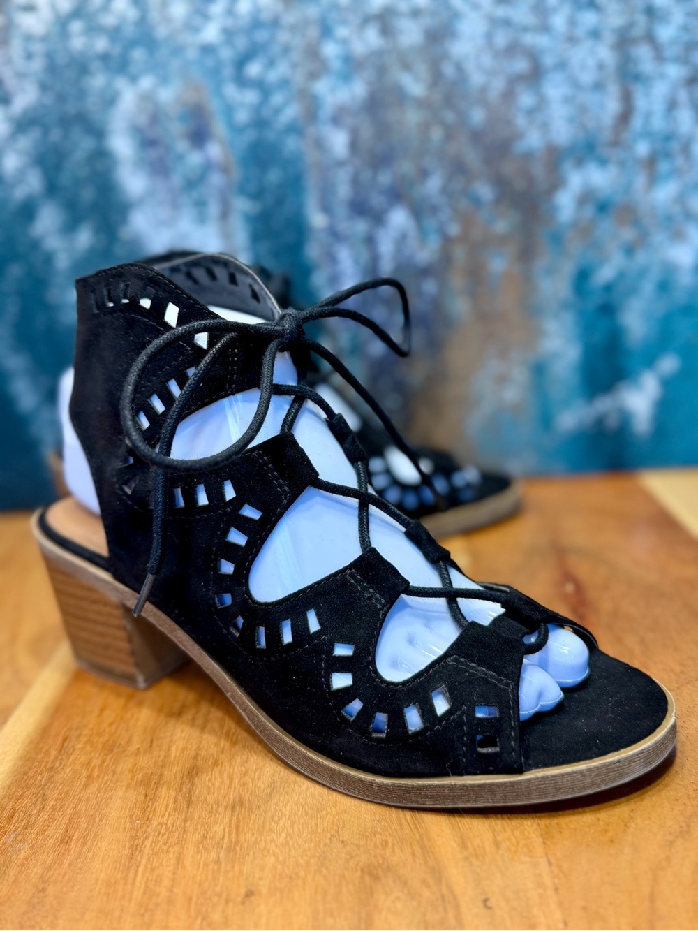 Authentic American Heritage Black Suede Lace-Up Block Heel Sandals